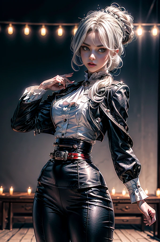 masterpiece,best quality, masterpiece, high detail,detailed face,detailed eyes,rendered eyes,perfect eyes,hip lines,crisp image,detailed,amazing,8k,8k wallpaper,8k background,high detailed skin,high res, (((cowboy shot))), solo, 1girl,looking at viewer,WillowSchnee, white hair tied up in a bun, low on the right side of the back of her head, while her bangs are shaped around the left side of her face and a small, curled lock of hair reaching almost to her shoulders. her attire consists of a black dress, white cravat secured by a silver brooch set with a red stone,  a wide belt around her waist,  black tights and red shoes. serious expression, outdoors, standing near mansion, wedding reception, on mountainside, overlooking valley, river,  (crowd in military uniforms), tables (volumetric lighting), sharp focus, hyper detailed 