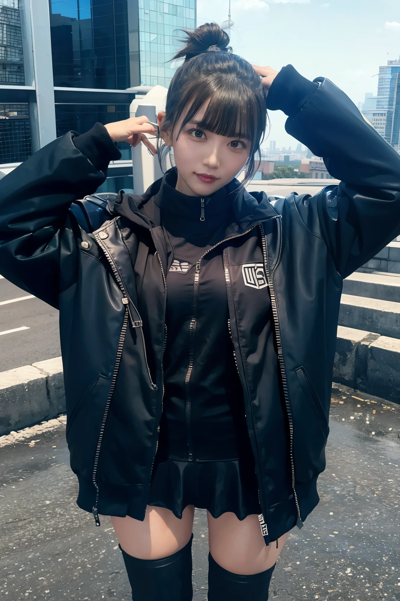 She is taking a photo wearing a black jacket and a black skirt., Fluffy ponytail,Wearing boots,Wear a jacket, cyber future jacket, Bright Cyberpunk Glow, egirl, AND - , Cyberpunk anime in hoodie, wearing Cyberpunk Streetwear, Cyberpunk anime, Cyberpunk Streetwear,Photos of women in techwear,Cyberpunk Style,Extreme ta girl