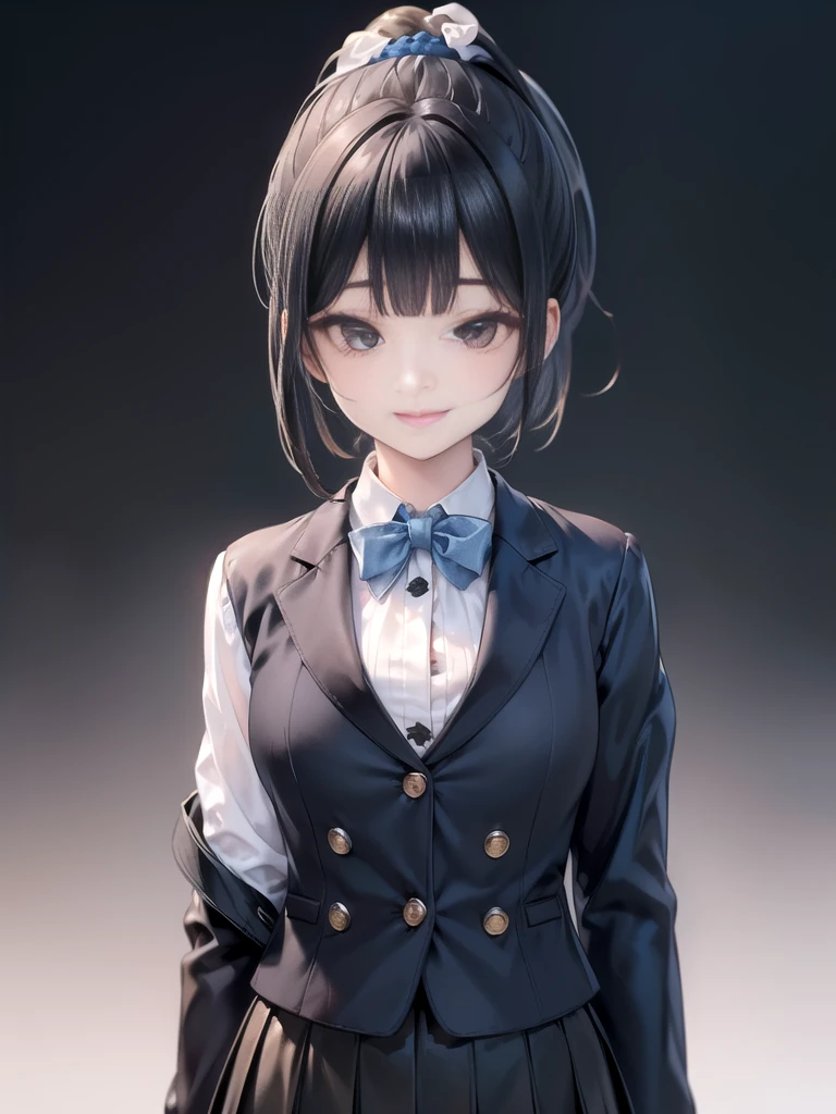 Masterpiece,best quality,独奏,1 beautiful Japanese girl,1,(sparkling black eyes,big eye),(pale skin),(black hair,blunt bangs,(short ponytail:1.2),(high ponytail:1.2),hair length to shoulder,voluminous hair,hair held up with a blue scrunchie:1.5),(big breasts:1.2),(smile:1.2),(In woolen suit, formal suit, black tailored jacket,(Tailored jacket, first button closed:1.2),white blouse,semi-long black tight skirt:1.5),standing,(Plain background:1.2),(Close-up of a smiling face,face focus:1.5)