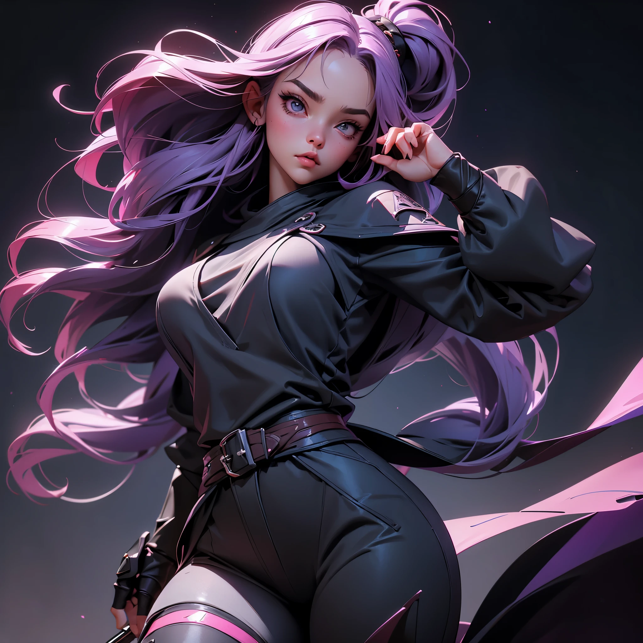 envision a 8k, highres, cinematic, beautiful extreme close up face Pinup of a sexy soft woman with a slender short plump body, strong face, long purple hair, long bangs, purpole eyes, Ninja Robes, Ninja Pants, Ninja Gear, pale skin, ((((1girl)))), in dark lighting, against a dark gray background