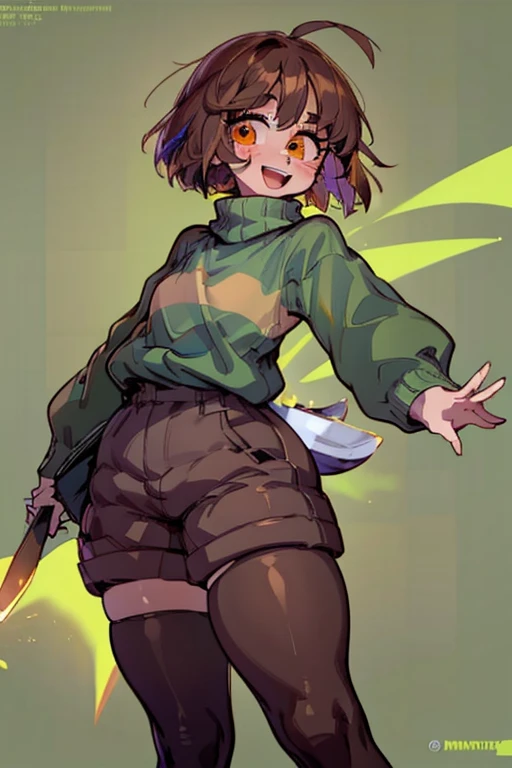 ((Best quality)), ((Masterpiece)), (Detailed), chara (/Undertale/), Brown hair, (brown shorts: 1.3), ass, suspenders, ahoge, overall shorts, Bob cut, (big eyes: 1.3), (round eyes: 1.3), :D, wide smile, Short hair, white thigh highs, (Green sweater: 1.3), Red eyes, (1girl: 1.3), (Solo: 1.3), Green striped sweater, thick thighs, facing camera, surprised, wide-eyed, arms outstretched, 