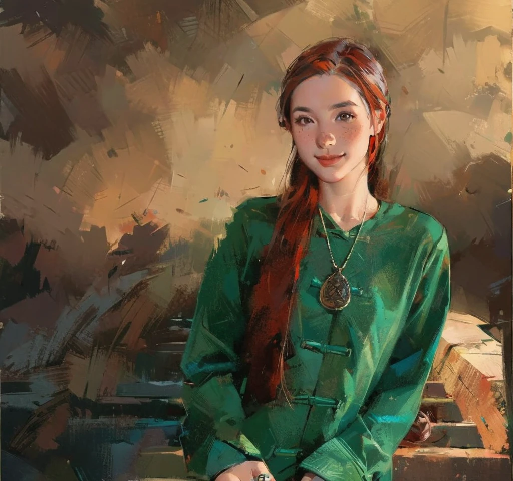 1girl,brown eyes,flower,freckles,gun,jewelry,lily \(flower\),long hair,long sleeves,looking at viewer,mole,necklace,pendant,photo \(medium\),plant,potted plant,red hair,smile,solo,upper body,bichu,oil painting,Impressionism