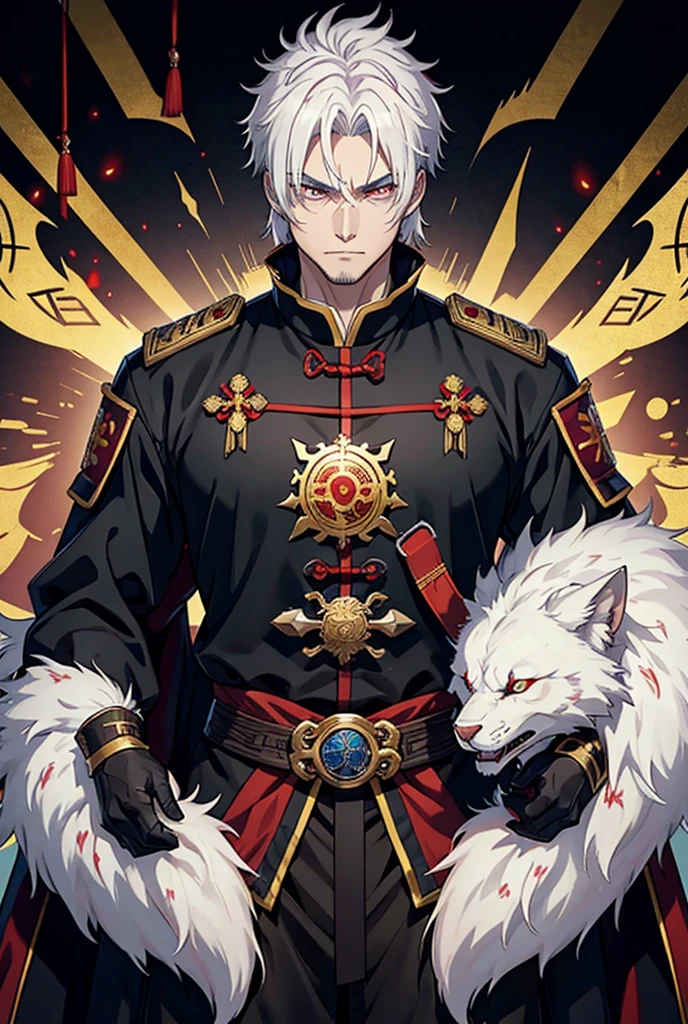 独奏, anatomically correcte, vampyre, warrior, paladin, White hair, heterochromia, golden eye, confident, safe, brawny, stark, Cao Cao, muito Cao Cao, muito stark, Russian general&#39;s outfit, gold Crown.bangs between eyes, hair with highlights, slickedback hair, Seriously, 