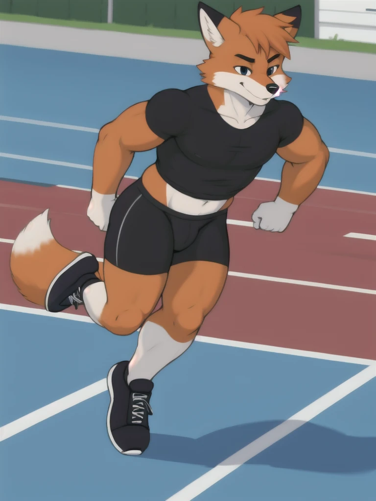 Furry, fox, male, black shirt, black spandex bike shorts, shoes, running track, solo, full body