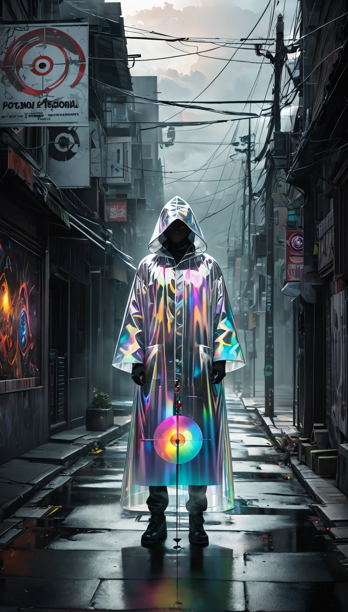 high and fine artwork, beauty assassin, wearing iridescent transparent hooded robe that makes him invisible, and has a poisonous needle, ordinary street, tracking a target, cloudy, shadows, contrast, conceptual installation art, ultra detailed, absolutely resolution, best quality, 2.5D, delicate and dynamic effects, foggy filter effects, artistic, hyper, graphic CG digital art