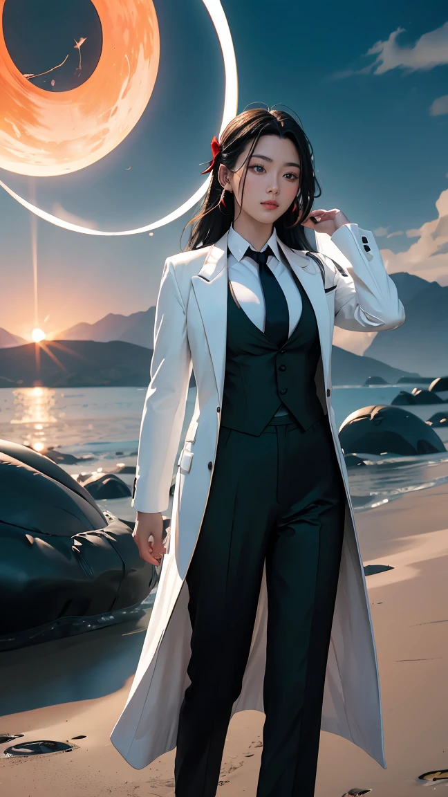 ((Masterpiece, best quality, very detailed), Volumetric light, surrounding occlusion, Rich and colorful, glow), 1 woman, , young girl, (Smooth black), long hair, radius, sacred, goddess, CEO Luke, (black suit, White shirt and red tie:1.3), long black coat, ((a green wind orb on hand)), outdoor, sunset, sky, cloud, (Fantasy Theme:1.2), (full body:0.8)