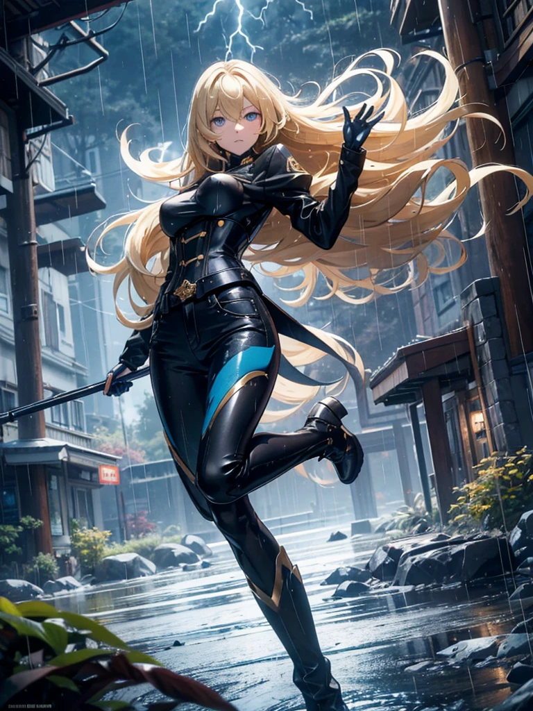 Modern anime-style digital painting of a 2 female teacher in a frontal view and action pose during an autumn day, soaked by rain with dramatic lightning in the background. She is 165 cm tall, with measurements of 91-61-81 cm, and has waist-length, wavy blond hair with V bangs and bright blue eyes. Emitting a golden aura, she stands dynamically with one leg raised on a fallen log. She wears a ruffled white blouse, a black corset, skinny tight blue jeans, and high black boots, all drenched by the rain. The scene is set against rich autumn foliage and vivid lightning, enhancing the intense and mystical atmosphere.