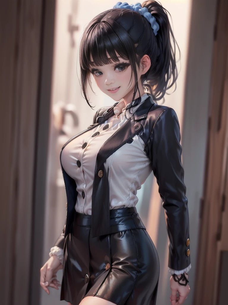 Highest quality、masterpiece、8k、Very detailed、Realistic、Looking at me with a smile、whole body、Black Hair、Small face、Slender、Big Breasts、Thin and beautiful legs、narrow and constricted waist,、Sleeveless shirt with buttons and a collar、A very long tight skirt that accentuates the shape of the buttocks、A shirt that accentuates the shape of your body、A shirt that accentuates the shape of the chest、Erect nipples、Underbust corset、All buttons on the shirt are closed