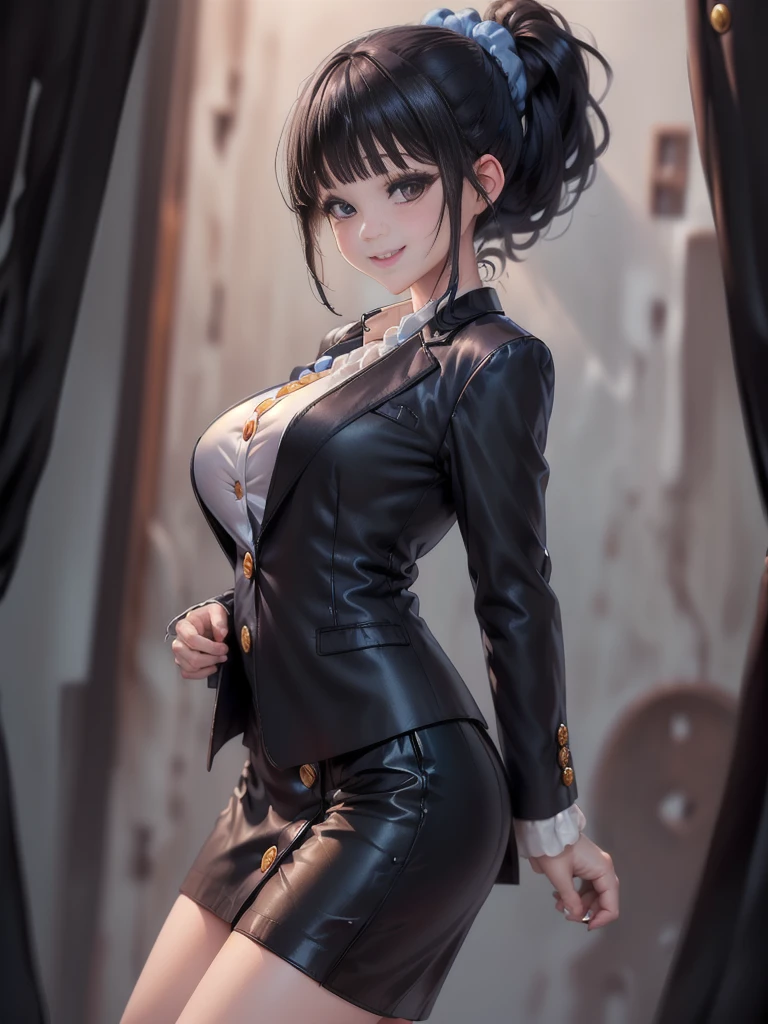 Masterpiece,best quality,独奏,1 beautiful Japanese girl,1,(sparkling black eyes,big eye),(pale skin),(black hair,blunt bangs,(short ponytail:1.2),(high ponytail:1.2),hair length to shoulder,voluminous hair,hair held up with a blue scrunchie:1.5),(big breasts:1.2),(smile:1.2),(In woolen suit, formal suit, black tailored jacket,(Tailored jacket, first button closed:1.2),white blouse,semi-long black tight skirt:1.5),standing,(Plain background:1.2),(Close-up of a smiling face,face focus:1.5)