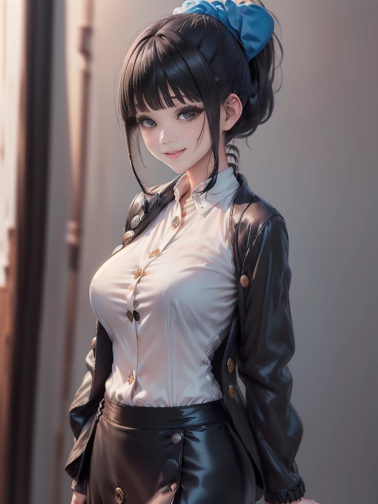 Masterpiece,best quality,独奏,1 beautiful Japanese girl,1,(sparkling black eyes,big eye),(pale skin),(black hair,blunt bangs,(short ponytail:1.2),(high ponytail:1.2),hair length to shoulder,voluminous hair,hair held up with a blue scrunchie:1.5),(big breasts:1.2),(smile:1.2),(In woolen suit, formal suit, black tailored jacket,(Tailored jacket, first button closed:1.2),white blouse,semi-long black tight skirt:1.5),standing,(Plain background:1.2),(Close-up of a smiling face,face focus:1.5)