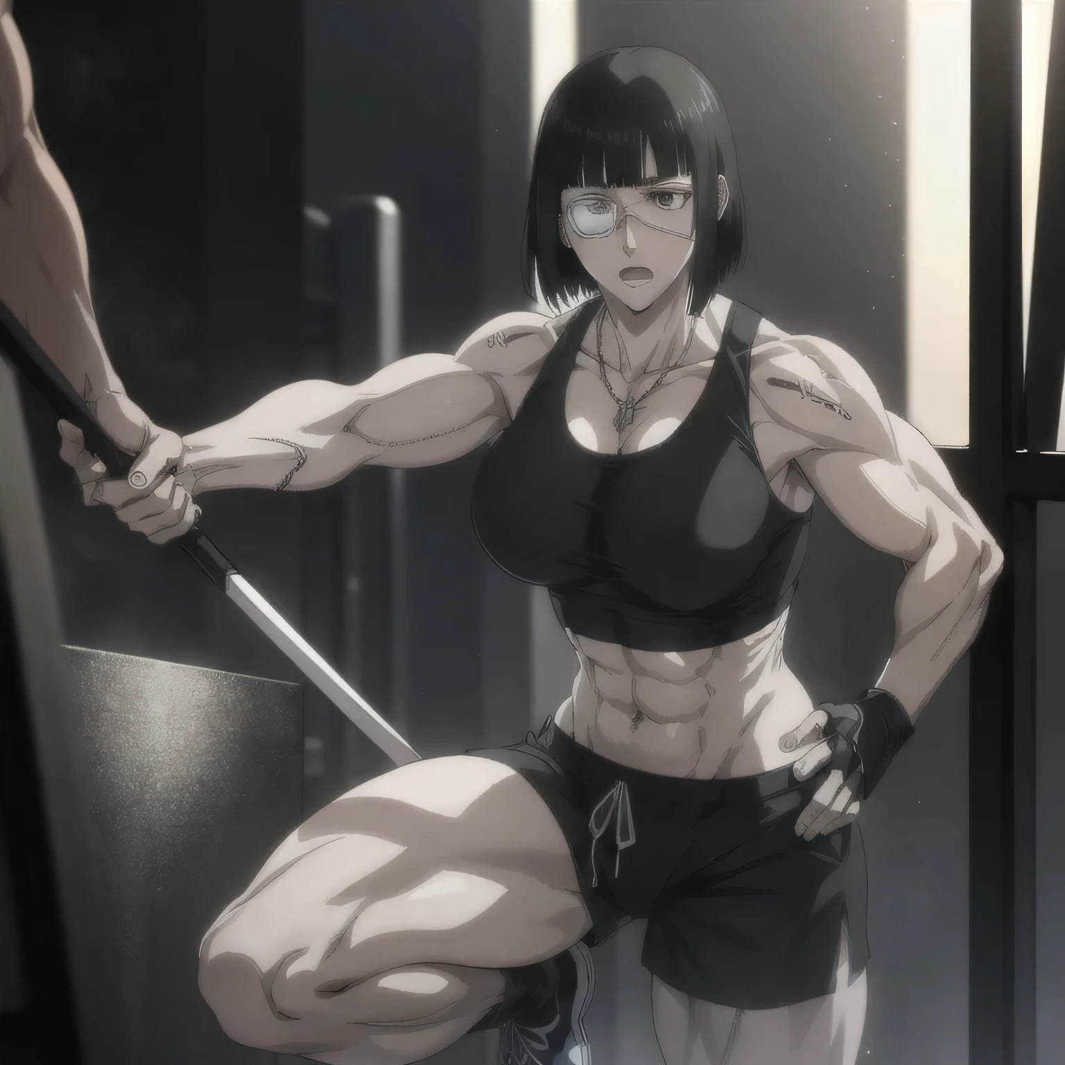 best quality,ultra-detailed,realistic:1.37),musclaur badass girl with sculpted body with preview her musclaur body and six-pack, full review of the female character's face and body, intense expression, strong and confident posture, studio lighting, vivid colors, physiologically-based rendering, grungy texture, rugged background, dust particles in the air, commanding presence, professional, powerful, gritty aesthetics,,Valmet،short hair,necklace,Light reflection on shoulders,clean muscles،wearing black sport shorts and blue gym tank top,tattoos on shoulders،muscles review( girl solo),eyepatch,Shining muscles,eyes detailing,fat free body,veins in muscles,penis growth inside shorts,Photo session,Matching remix,With both hands holding a metal rod, sexy muscles
