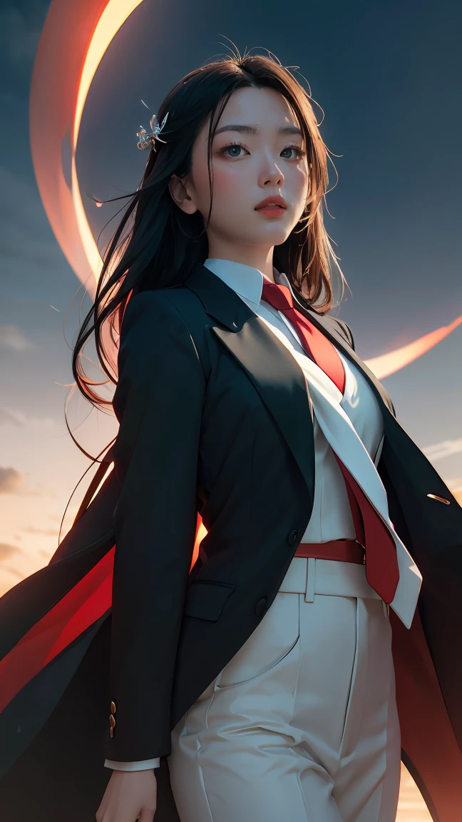 ((Masterpiece, best quality, very detailed), Volumetric light, surrounding occlusion, Rich and colorful, glow), 1 woman, , young girl, (Smooth black), long hair, radius, sacred, goddess, CEO Luke, (black suit, White shirt and red tie:1.3), long black coat, ((a green wind orb on hand)), outdoor, sunset, sky, cloud, (Fantasy Theme:1.2), (full body:0.8)