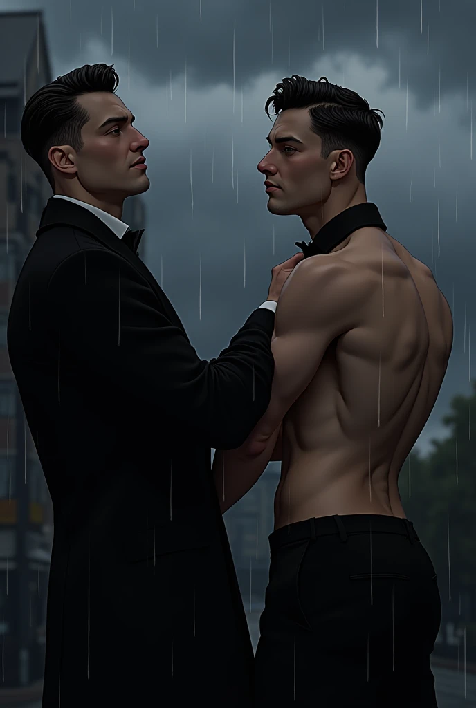 Muscle boy, handsome with suit and tie,big nipples and big dick, hairy chest, fitnbody, reslistic face, big legs, muscle arms, Brown hair, in the beach,wiht two hot boyfriends, sexy boys, sexy mens, with erection, kissing,hot mens, hard dick,one of them is sitting on the another legs
