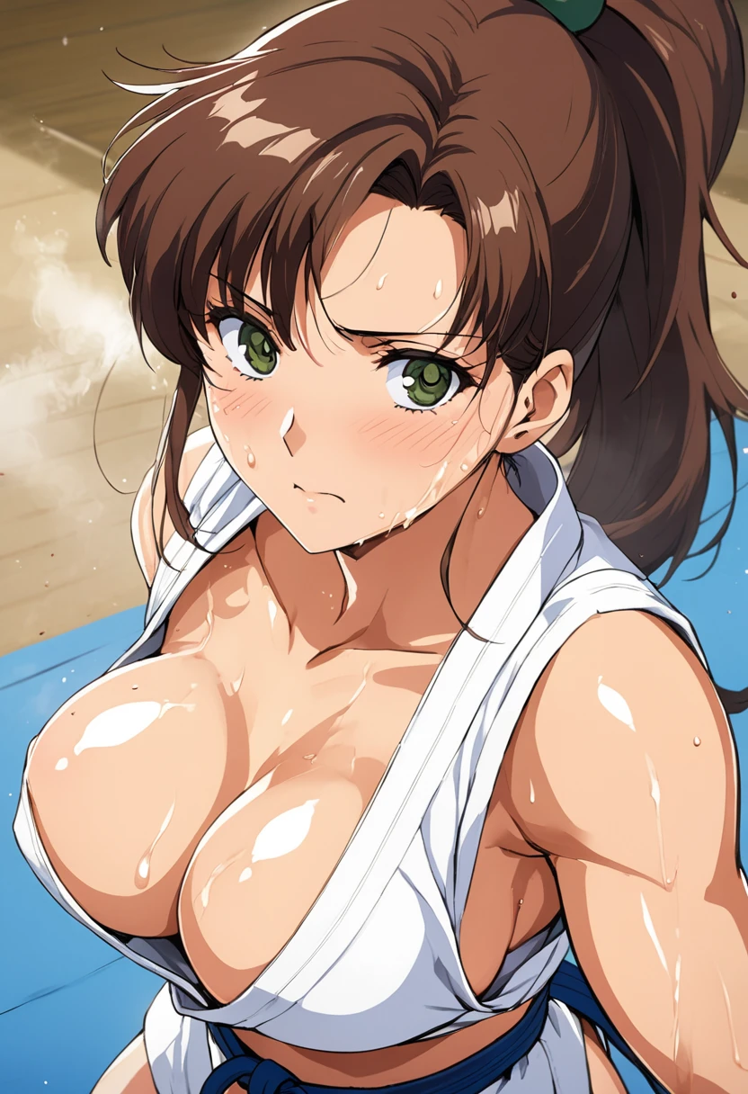 masterpiece, Highest quality, High resolution, (Makoto Kino),1990s \(style\),height: 175cm, Brown long hair,ponytail、 sexyな長い脚, Judo, Martial arts field,(E-cup beautiful breasts)、Sweating all over the body、vapor、Muscular、sexy、Face writhing in pleasure、Sweaty、Configuration from the front、Serious expression、look up,Semen splattered on face、Anime-style painting style,Composition focused on the upper body