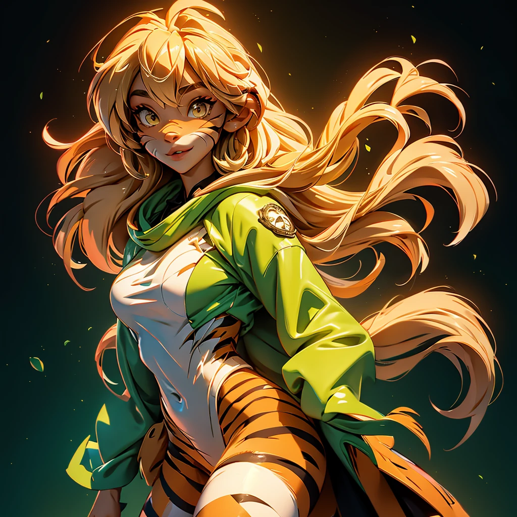 envision a 8k, highres, cinematic, beautiful extreme close up face Pinup of a cute furry female anthro, with a slender muscular body, (((short blonde hair))), long bangs, yellow eyes, Orange and White Fur, Tiger Stripes, Green Jacket, ((((! Girl)))), ((Flora Twokinds)), in dark lighting, against a dark gray background