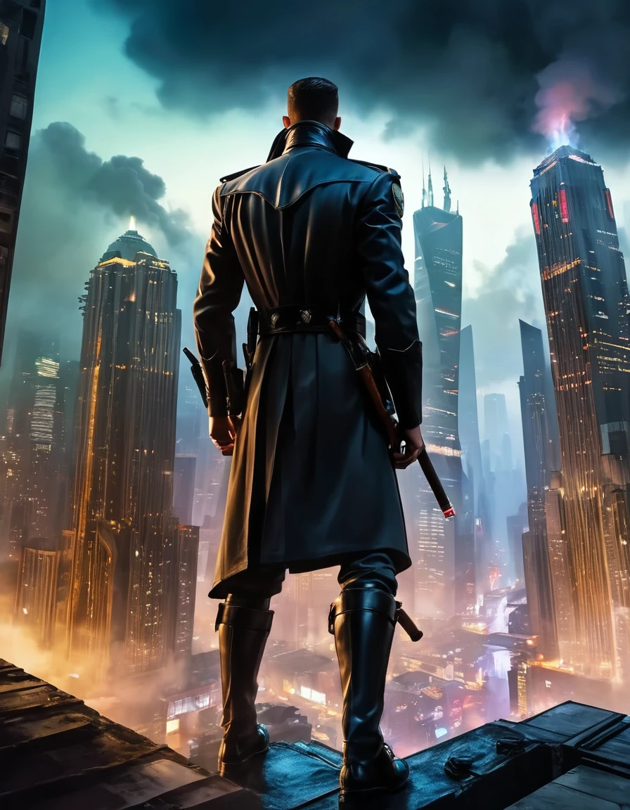 ((masterpiece, best quality)),illustration,ultra detailed 8k,photorealistic,sharp focus,highly detailed,professional lighting,colorful details,iridescent colors BREAK A lone assassin stands atop a dimly lit rooftop, silhouetted against the dark city skyline. Fog swirls around their legs as they gaze out at the sprawling metropolis, eyes fixed intently on some distant target. A faint glow emanates from the cigarette dangling precariously from their lips, ImgFixerPre0.3