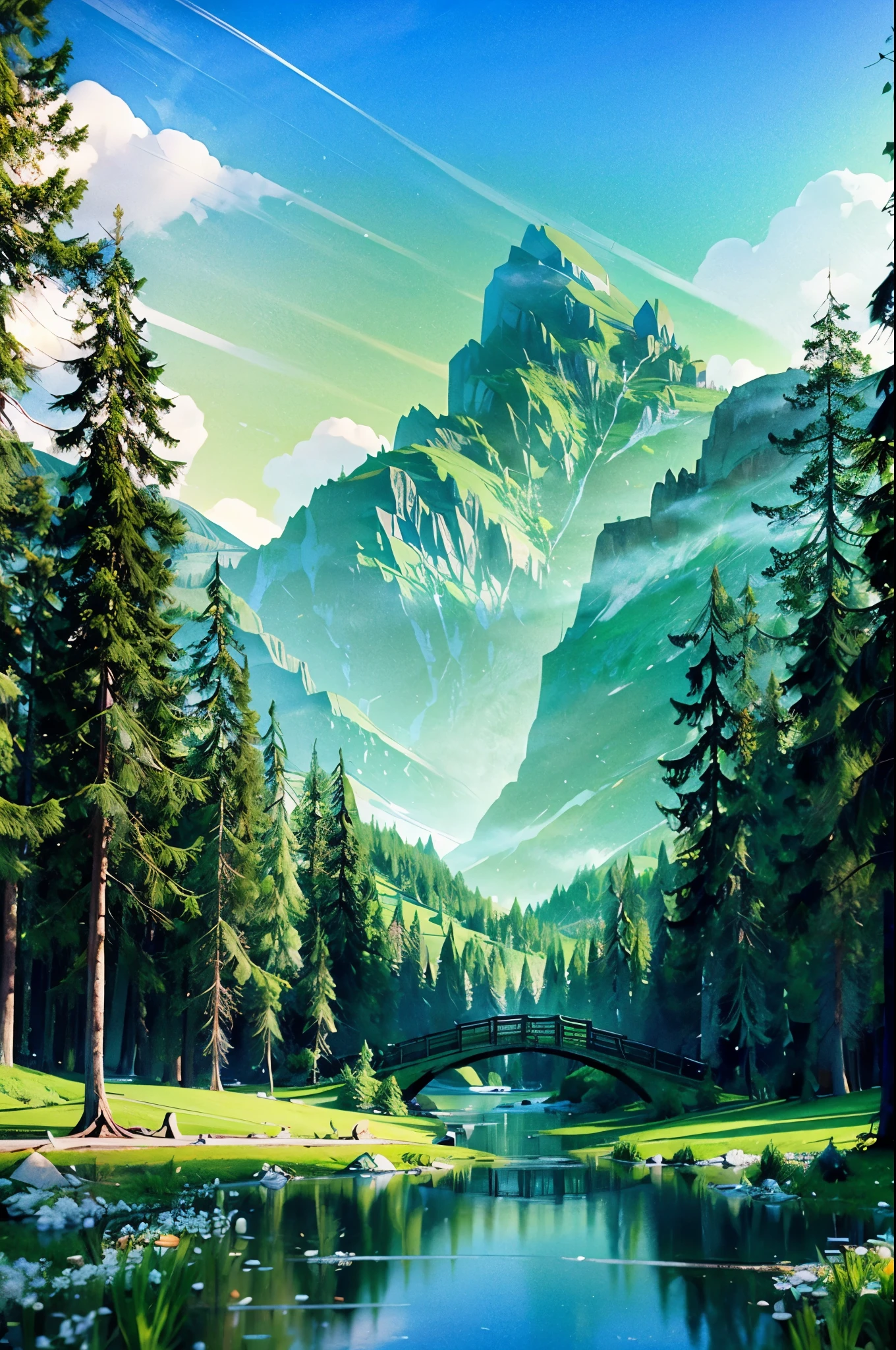 Pale blue sky, whispy clouds, green mountains far in the distance, giant lake reflecting the sky, prominent lake, crystal water, trees in the foreground, fallen tree made a bridge, vibrant colors, defined lines, surreal, masterpiece, deserves to be in a museum