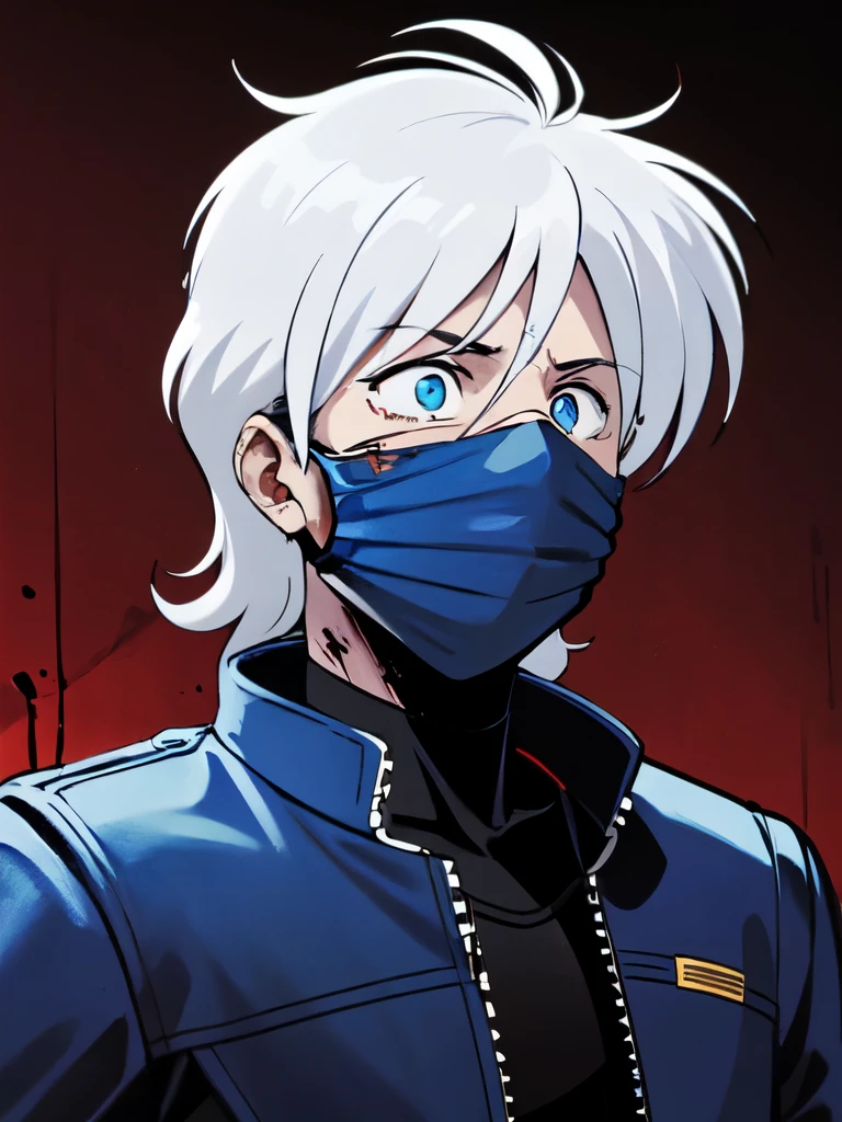 He is , his hair is white and combed to the side, his eyes are blue, and he wears a light blue mask and a closed blue leather jacket.His right eye was gouged out and half of his face was covered in blood.He calls the right hand severed and there is a lot of blood on his body and his face is scratched as if he was in a very fierce battle