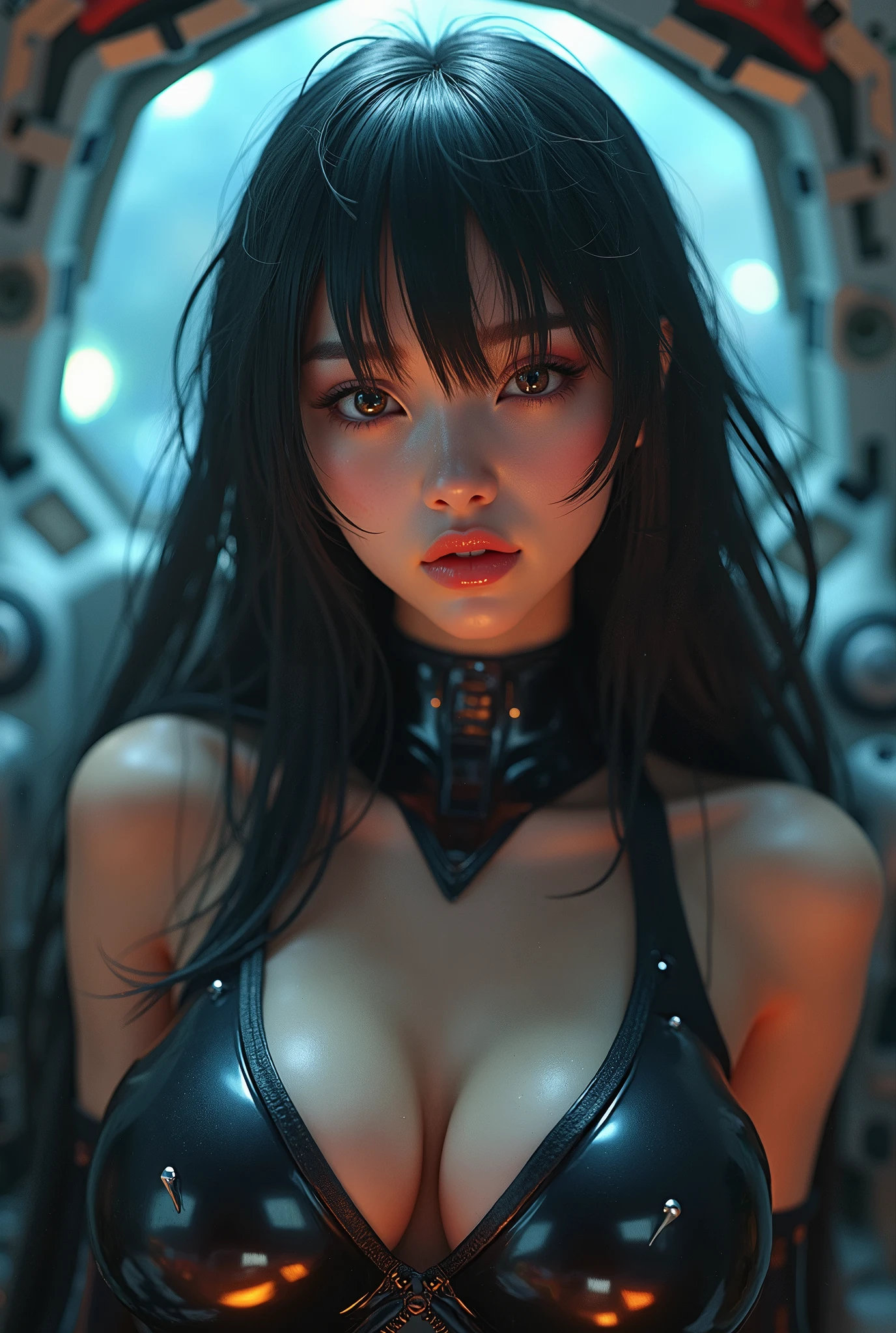 High resolution、8k、android beautiful girl、high nose、narrow eyes、pure white skin、Machine body、slender body、red background、close-up image