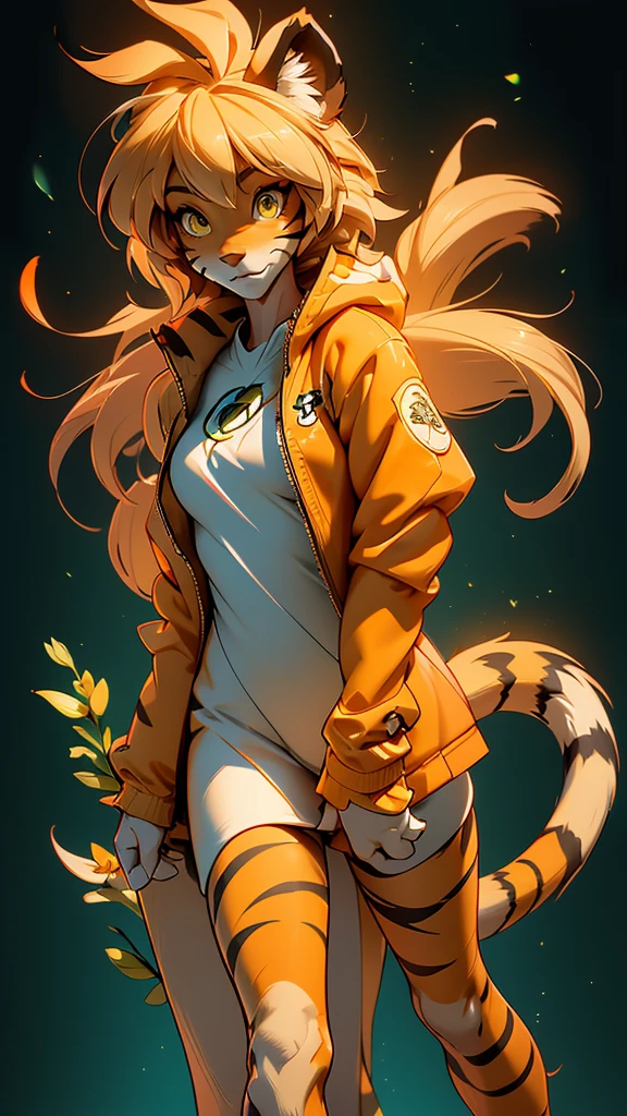 envision a 8k, highres, cinematic, beautiful full body Pinup of a cute sexy furry female anthro, with a slender petite body, (((short blonde hair))), long bangs, yellow eyes, Orange and White Fur, Tiger Stripes, Green Jacket, ((((! Girl)))), ((Flora Twokinds)), in dark lighting, against a dark gray background