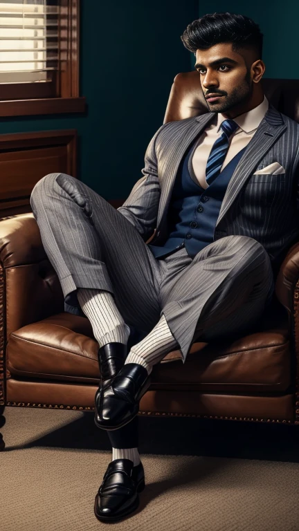 arafed indian man in a suit and striped socks sitting on a chair, black socks, dapper, detailed shot spread legs-up, professional foot photography, grey pants and black dress pointed shoes, stunning visual, profile image, stripes, in style of ultra realistic, close-up on legs, detailed style, functional and elegant look, in style of realistic, striped, crisp details