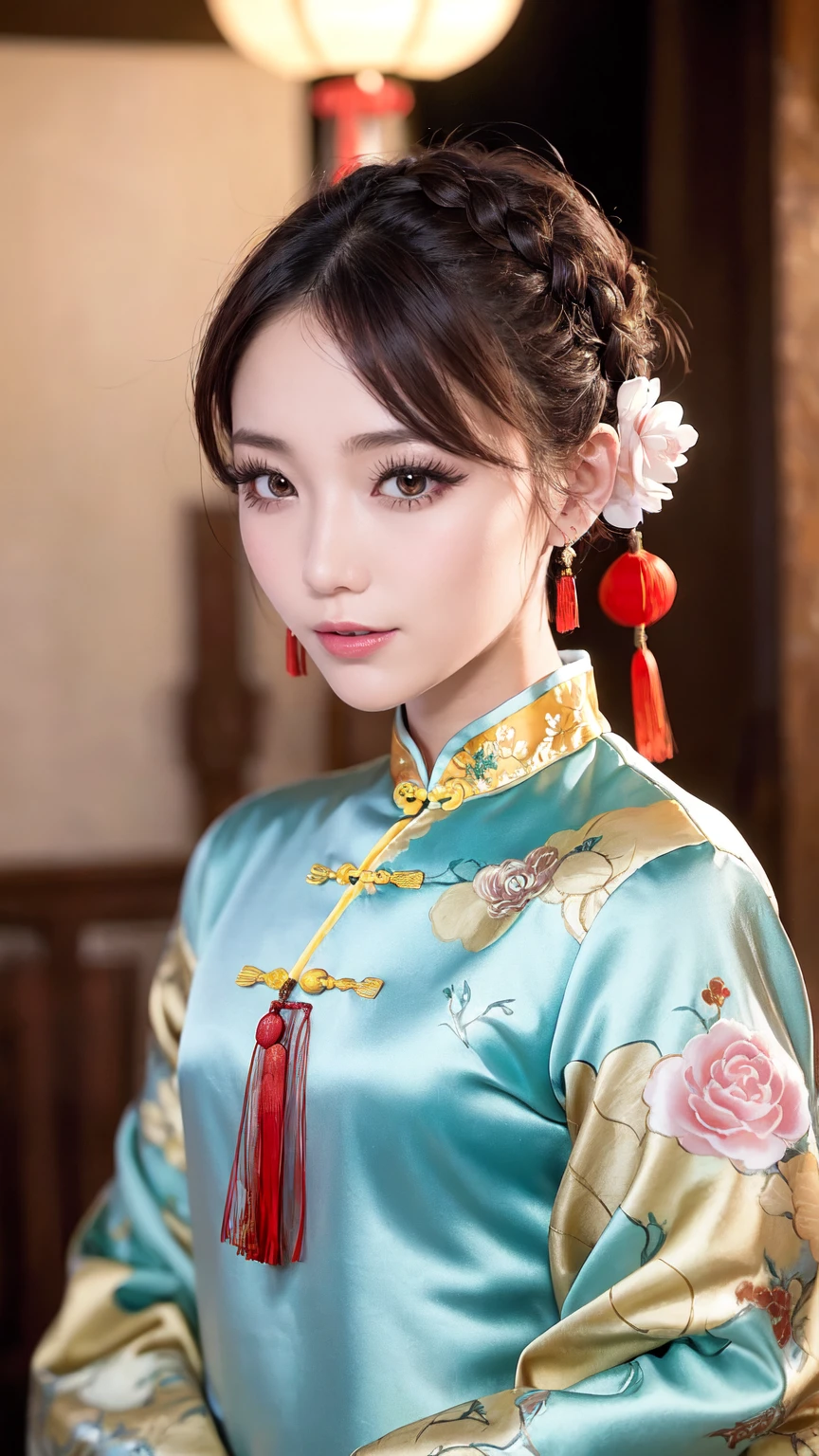 Realistic, masterpiece, Highest quality, Highest Resolution, Anatomically correct, Accurate Anatomy, 7 heads, Height: 165cm, One Japanese woman, profile, Staring at the audience, Smiling with an open mouth, Staring at the audience, Fine and beautiful eyes, Sparkling eyes, Thin eyebrows, Gives lashes a delicate finish, False eyelashes, (Chinese traditional makeup:1.2), (Dumpling＋Braided hair, Blunt bangs, Brown Hair:1.2), Detailed face, Sharp Eyes, (Traditional Chinese Dress, Clothes that fit snugly to the body, Random Color:1.3), Upper body photo, Background like ink painting