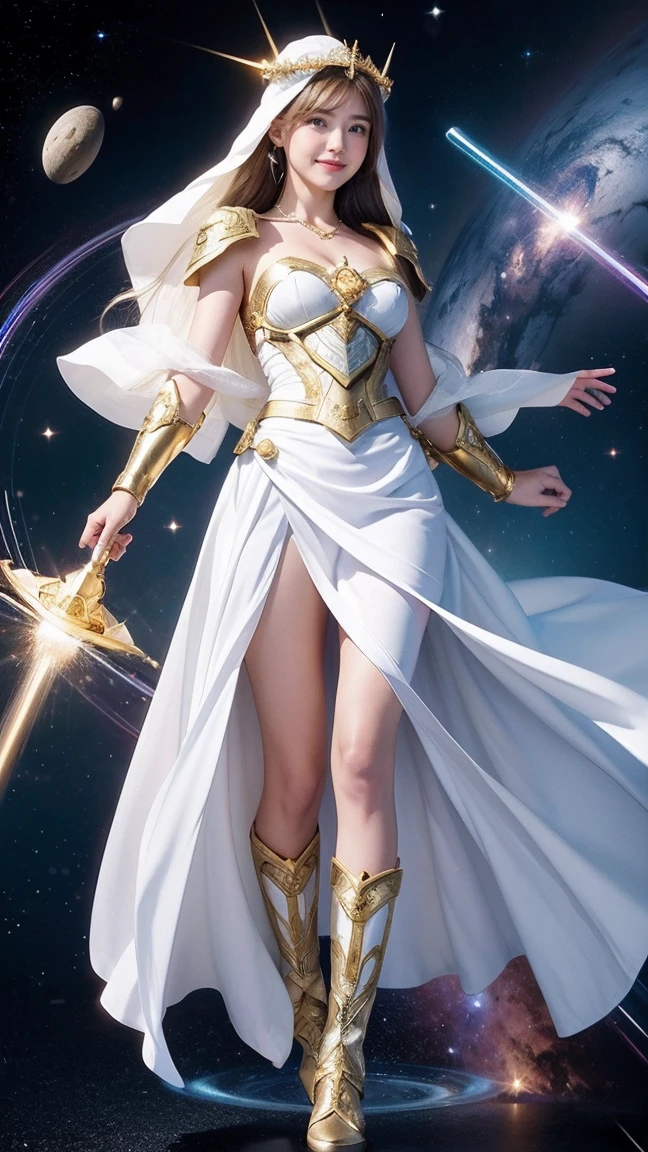 1girl, The Universe, Space Goddess,God's Law, Goddess of Love, Selflessness、Dedication、Sacrifice、prayer、acceptance、Salvation、White Magic, Mystical veil, Goddess in white armor、White armor with gold edges、White Skirt、White Boots、He is holding a shield.、Circlet、Absorbs the laser beam、Emits white energy in all directions、smile