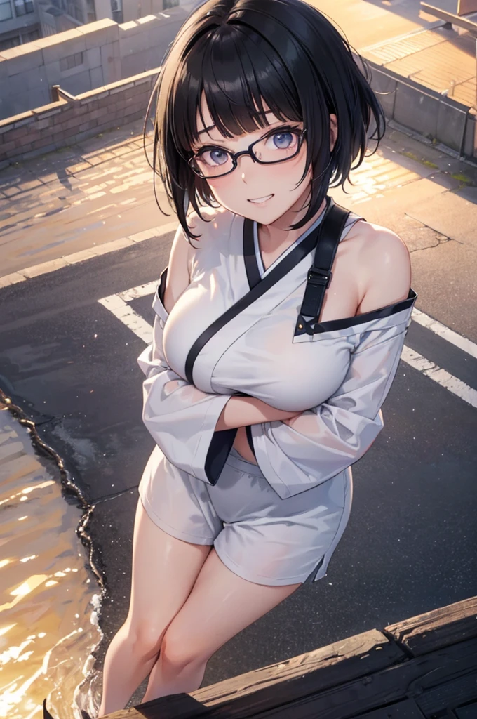 RAWphoto,photorealistic,8k16k,best quality,perfect anatomy,perfect detailed,ultra highres, extremely detailed eyes and face,gleaming skin,shiny skin,1girl,Japanese,black short hair,pixie cut,parted bangs,forehead,round face,eyewear,medium breasts,chubby,thick thigh,huge hip,wearing T-shirt,long sleeves,oversize,bare shoulder,culottes,arms behind head,evil grin,clenched teeth,walking country road,sunset,cinematic lighting,(from directly above:1.9),evening