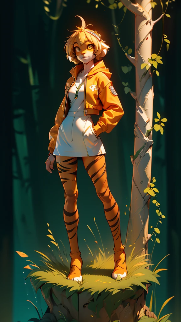 envision a 8k, highres, cinematic, beautiful full body Pinup of a cute sexy furry female anthro, with a slender petite body, (((short blonde hair))), long bangs, yellow eyes, Orange and White Fur, Tiger Stripes, Green Jacket, ((((! Girl)))), ((Flora Twokinds)), in dark lighting, against a dark gray background