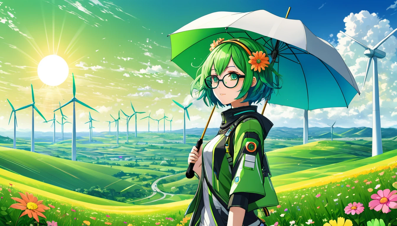 Anime girl with green hair and glasses on her head, anime girl with umbrella and flowers, short haired Gumi Megpoid, anime girl with green hair with blue tips, (anime girl), anime girl from the future, Vocaloid, A futuristic solarpunk style landscape, rolling green hills, wind turbines, hazy sky with warm sun, metallic and glass architecture, intricate detailed mechanical elements, vibrant colors, visible sky