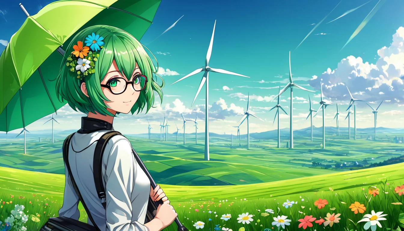 Anime girl with green hair and glasses on her head, anime girl with umbrella and flowers, short haired Gumi Megpoid, anime girl with green hair with blue tips, (anime girl), anime girl from the future, Vocaloid, A futuristic solarpunk style landscape, rolling green hills, wind turbines, hazy sky with warm sun, metallic and glass architecture, intricate detailed mechanical elements, vibrant colors, visible sky