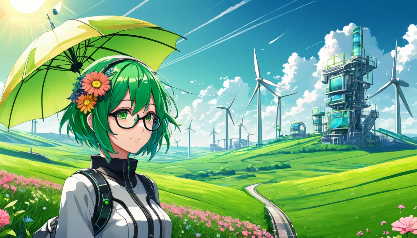 Anime girl with green hair and glasses on her head, anime girl with umbrella and flowers, short haired Gumi Megpoid, anime girl with green hair with blue tips, (anime girl), anime girl from the future, Vocaloid, A futuristic solarpunk style landscape, rolling green hills, wind turbines, hazy sky with warm sun, metallic and glass architecture, intricate detailed mechanical elements, vibrant colors, visible sky