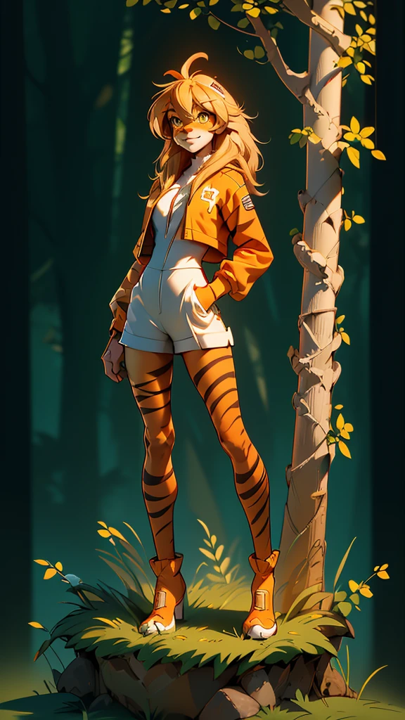 envision a 8k, highres, cinematic, beautiful full body Pinup of a cute sexy furry female anthro, with a slender petite body, (((longblonde hair))), long bangs, yellow eyes, Orange and White Fur, Tiger Stripes, Green Jacket, ((((! Girl)))), ((Flora Twokinds)), in dark lighting, against a dark gray background