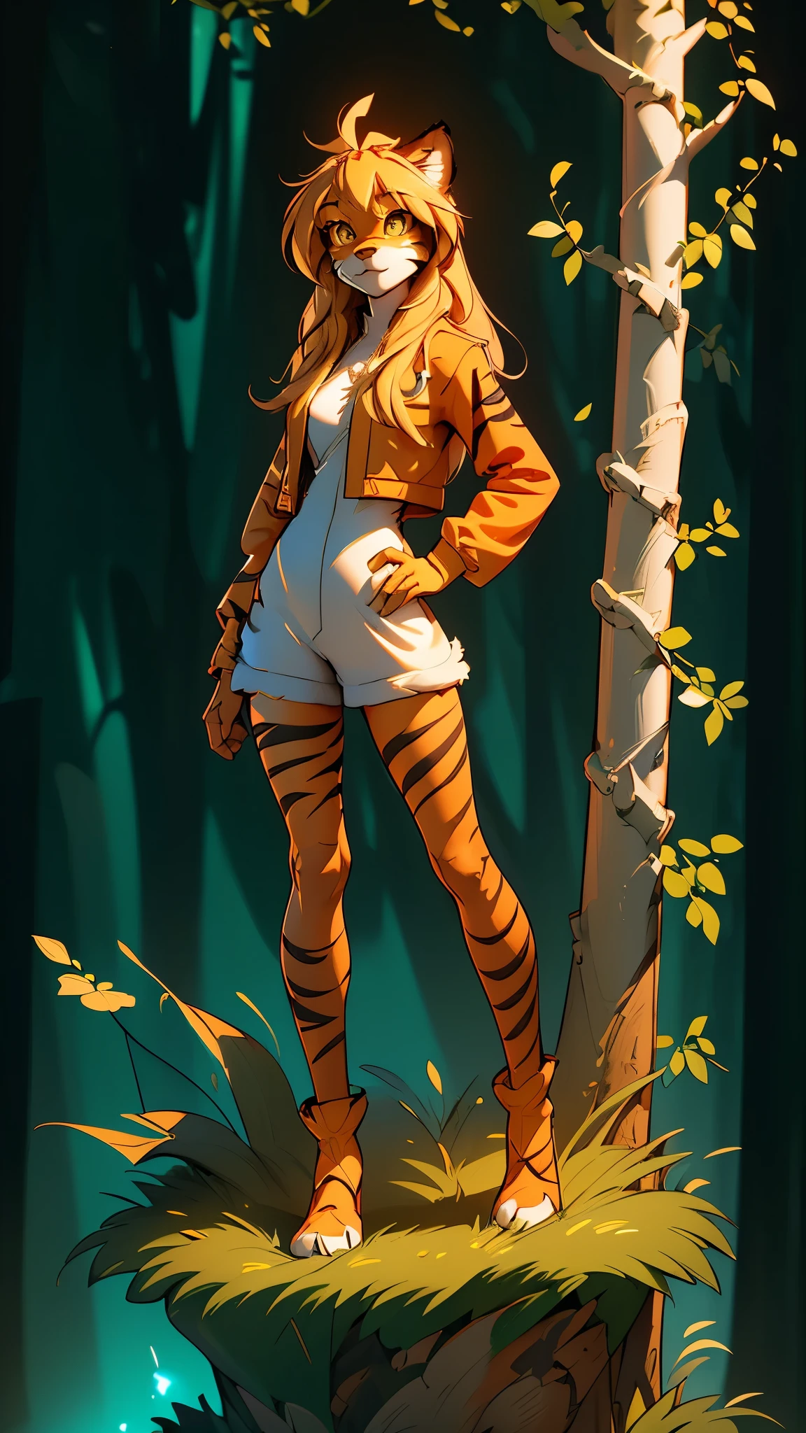 envision a 8k, highres, cinematic, beautiful full body Pinup of a cute sexy furry female anthro, with a slender petite body, (((longblonde hair))), long bangs, yellow eyes, Orange and White Fur, Tiger Stripes, Green Jacket, ((((! Girl)))), ((Flora Twokinds)), in dark lighting, against a dark gray background