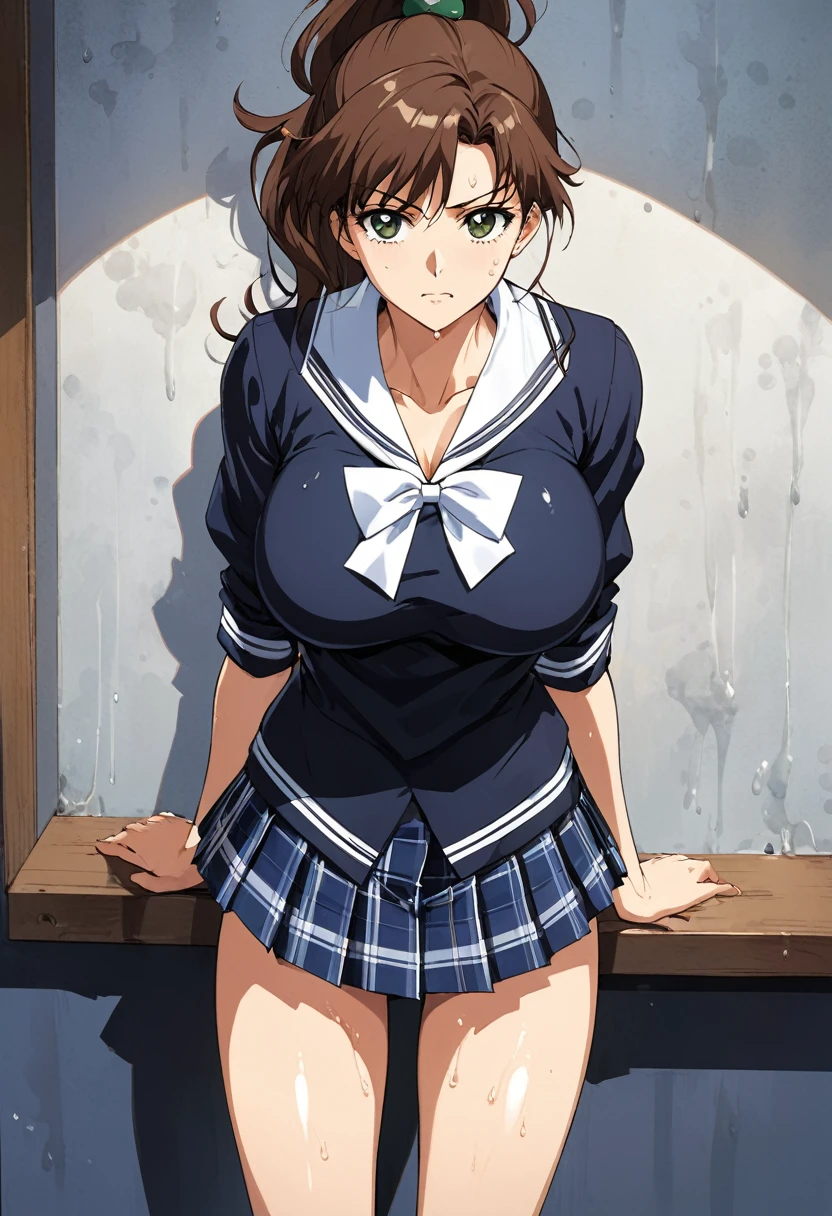 masterpiece, Highest quality, High resolution, (Makoto Kino),1990s \(style\),height: 175cm, Brown long hair,ponytail、 Sexy long legs, school uniform, School,(E-cup beautiful breasts)、Sweating all over the body、vapor、Muscular、Sweaty、Configuration from the front、Serious expression、look up,Semen splattered on face、Anime-style painting style,Composition focused on the upper body