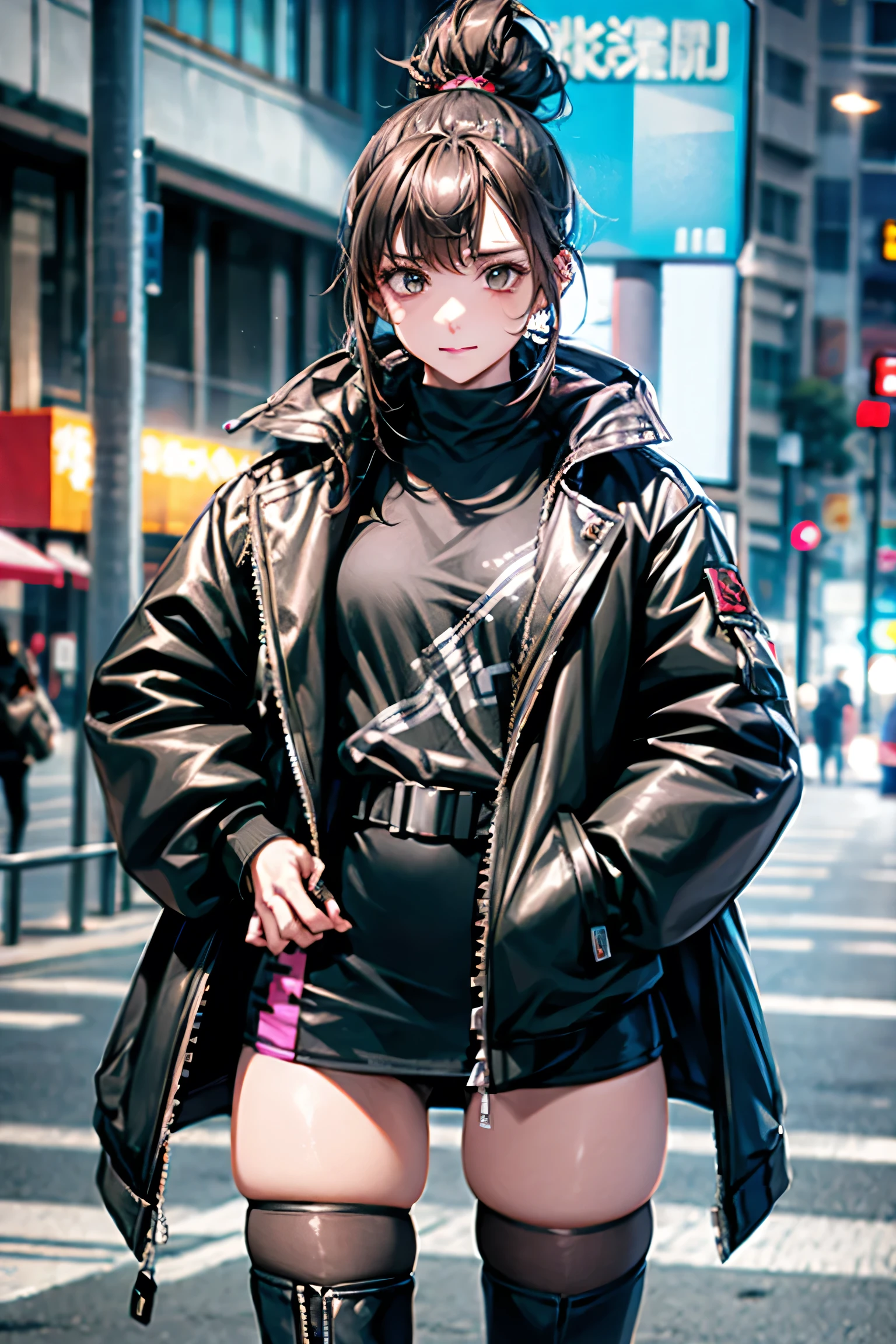 She is taking a photo wearing a black jacket and a black skirt., Fluffy ponytail,Wearing boots,Wear a jacket, cyber future jacket, Bright Cyberpunk Glow, egirl, AND - , Cyberpunk anime in hoodie, wearing Cyberpunk Streetwear, Cyberpunk anime, Cyberpunk Streetwear,Photos of women in techwear,Cyberpunk Style,Extreme ta girl