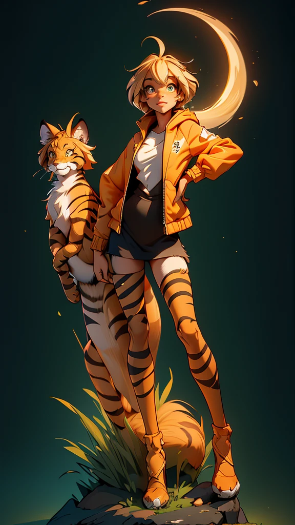 envision a 8k, highres, cinematic, beautiful full body Pinup of a cute sexy furry female anthro, with a slender petite body, (((short blonde hair))), long bangs, yellow eyes, Orange and White Fur, Tiger Stripes, Green Jacket, ((((! Girl)))), ((Flora Twokinds)), in dark lighting, against a dark gray background