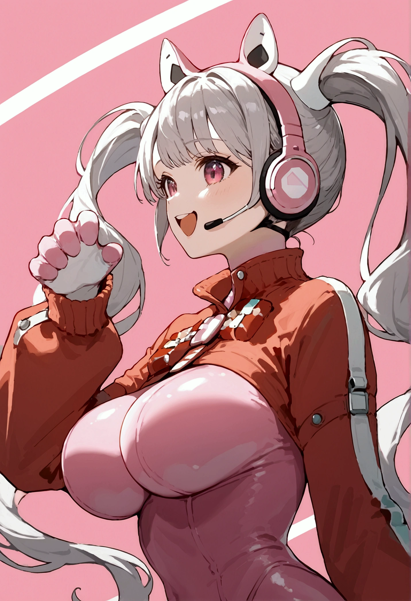 score_9, score_8_up, source_anime, big breasts, 1girl, solo, alicedef, twintails, very long hair, grey hair, fake animal ears, headset, pink eyes, pink bodysuit, shrug \(clothing\), multicolored gloves, latex, from side, arched back, happy, paw pose, pink background, sunburst background