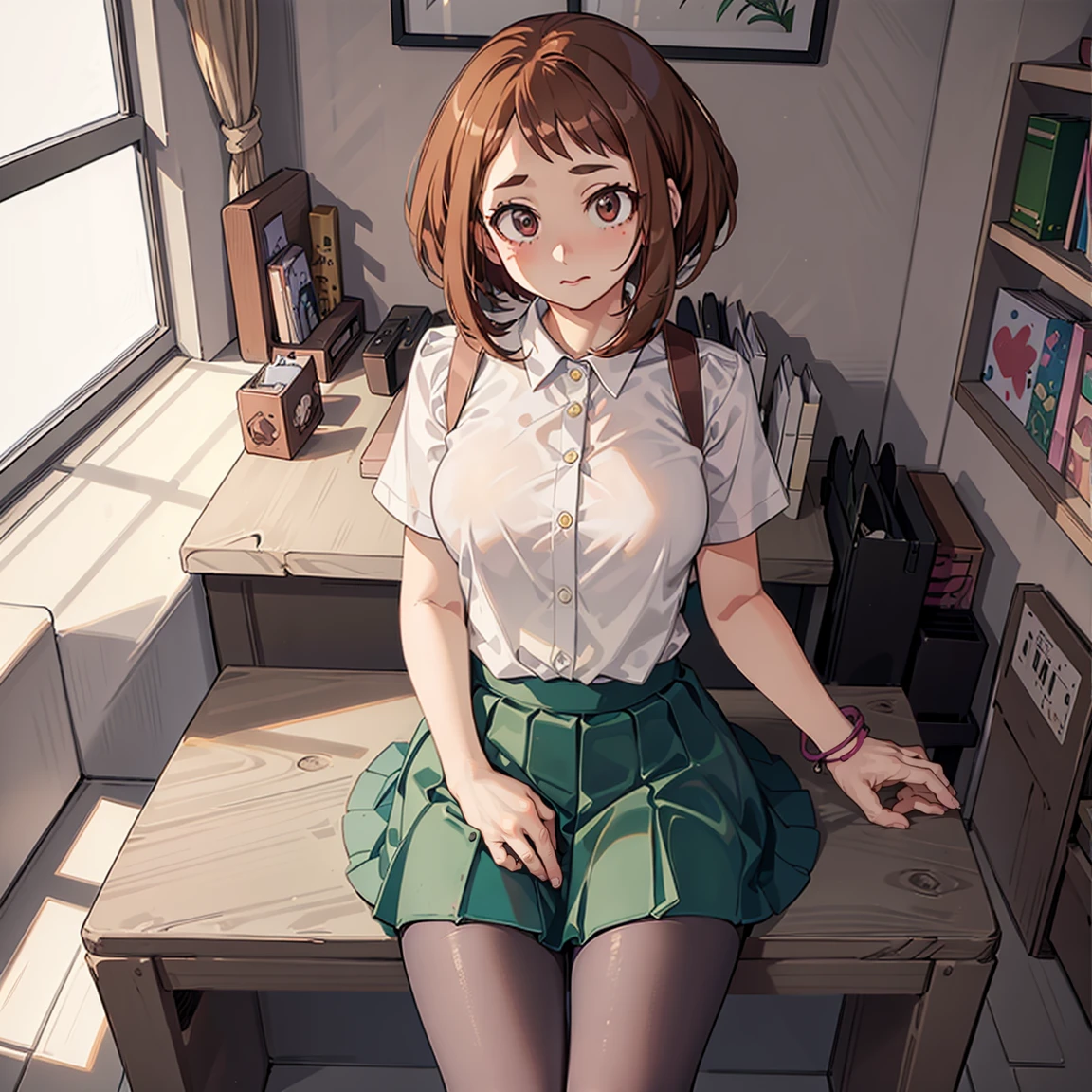 ((Uraraka Ochako)), ​masterpiece, sitting, office background, minimalist art, detailded, meticulous art, No defects, character focus, cenário detailded, Proportionate Body, beautiful  face, Body cute, animated cartoon, arte anime, perfect art, perfectionism, (1 girl), (standing alone), blushed, shame, different, (((Maximum quality))), (adult  woman), ((Unclothed)) pantyhose, thighs showing, linegerie, sitting em cima da mesa, front view, seducing,  ((lifting the skirt)) sexly, nice legs, ((legs showing))