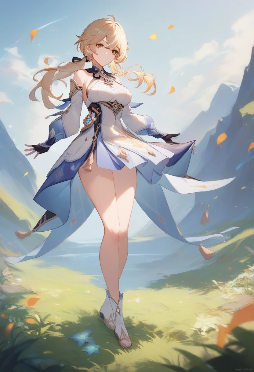 score_9, score_8_up, score_7_up, high quality ,masterpiece ,best quality ,rate_questionable ,  character_Light_Genshin Impact  ,large breast ,blond hair ,Beautiful Skin ,yellow eyes,Standing in the grass