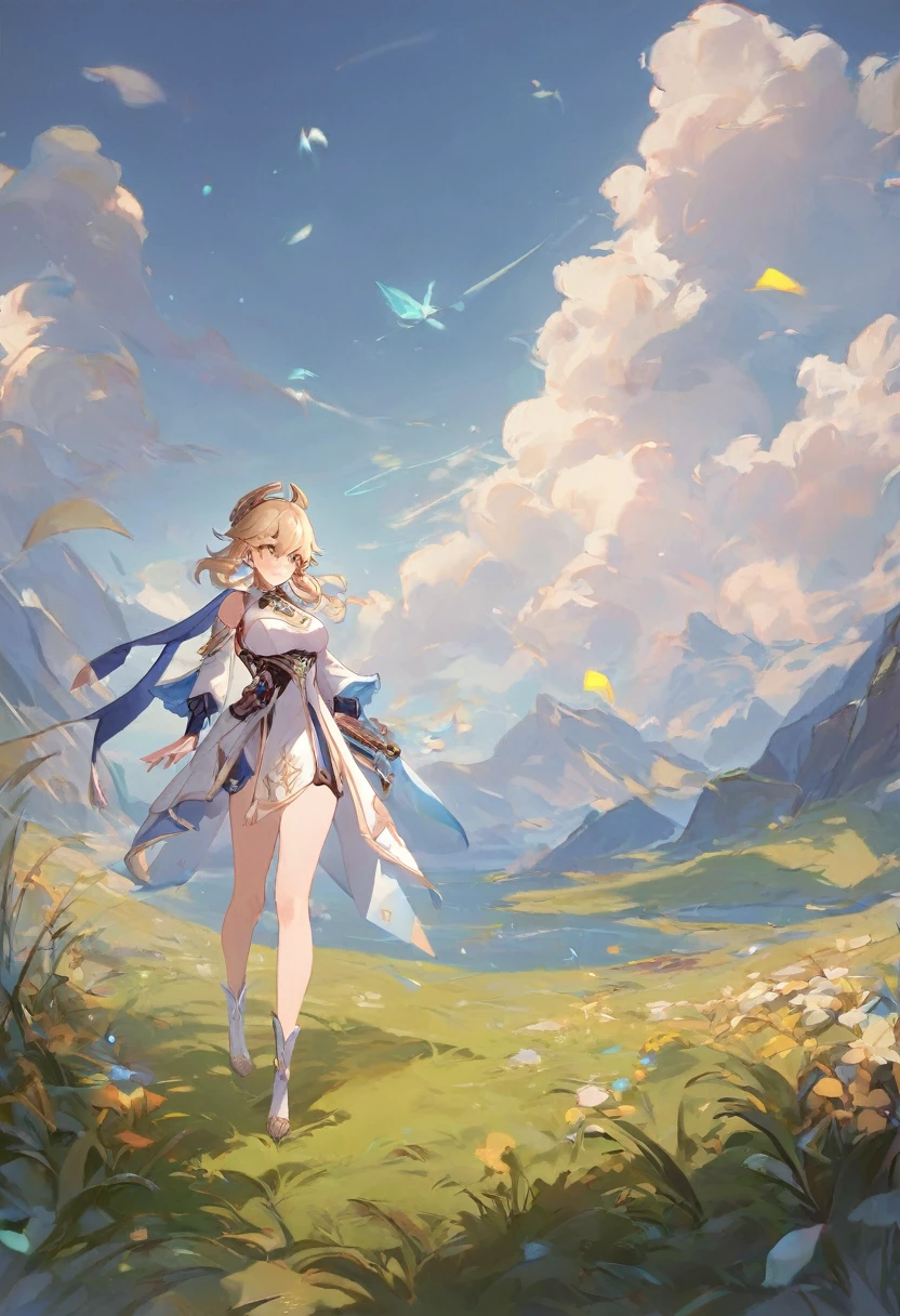 score_9, score_8_up, score_7_up, high quality ,masterpiece ,best quality ,rate_questionable ,  character_Light_Genshin Impact  ,large breast ,blond hair ,Beautiful Skin ,yellow eyes,Standing in the grass