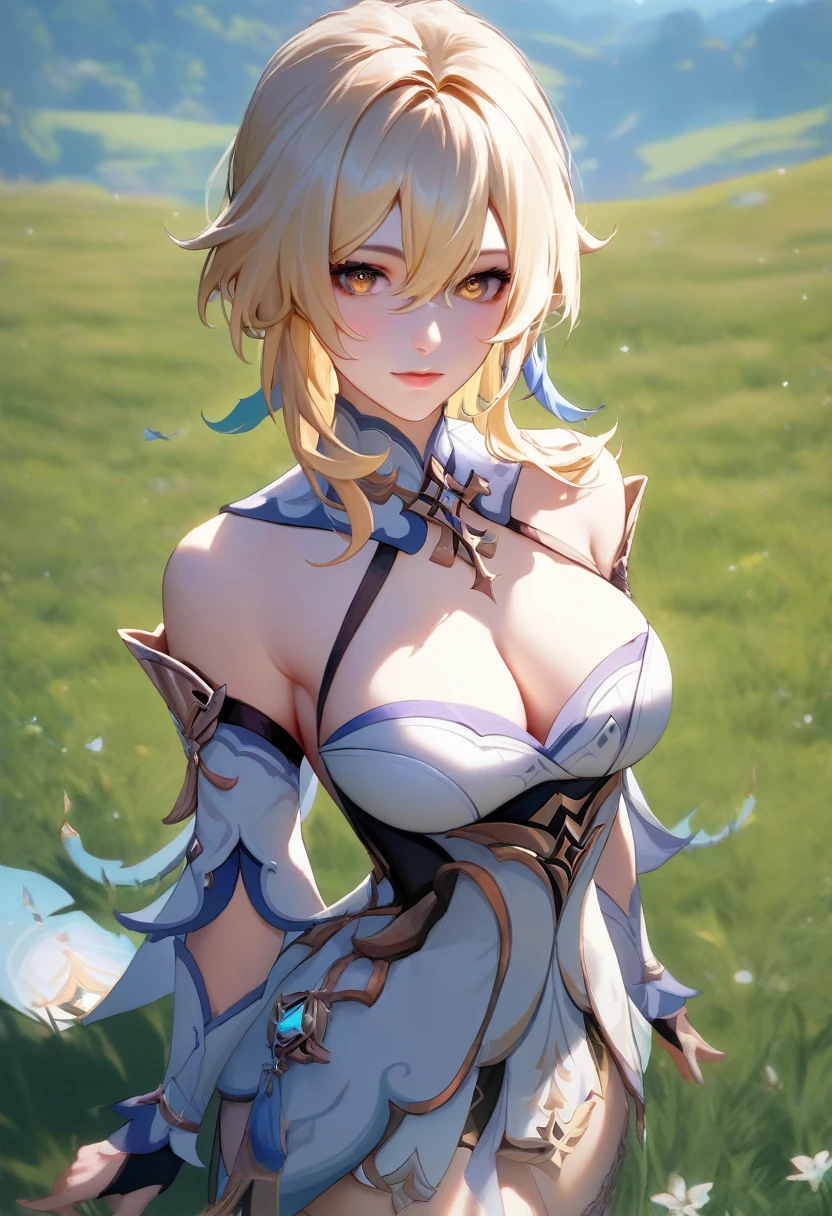 score_9, score_8_up, score_7_up, high quality ,masterpiece ,best quality ,rate_questionable ,  character_Light_Genshin Impact  ,large breast ,blond hair ,Beautiful Skin ,yellow eyes,Standing in the grass