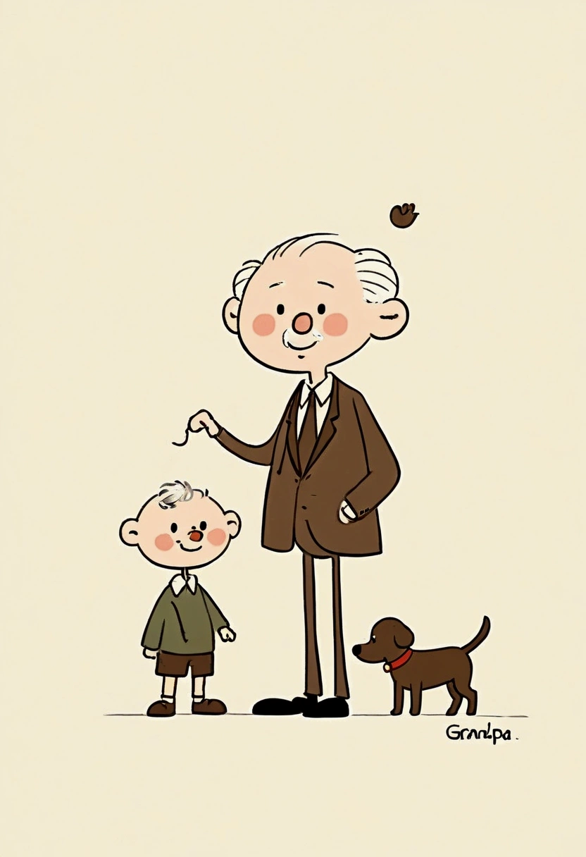 Stick Figure，Cartoon grandpa and puppy。Unique。