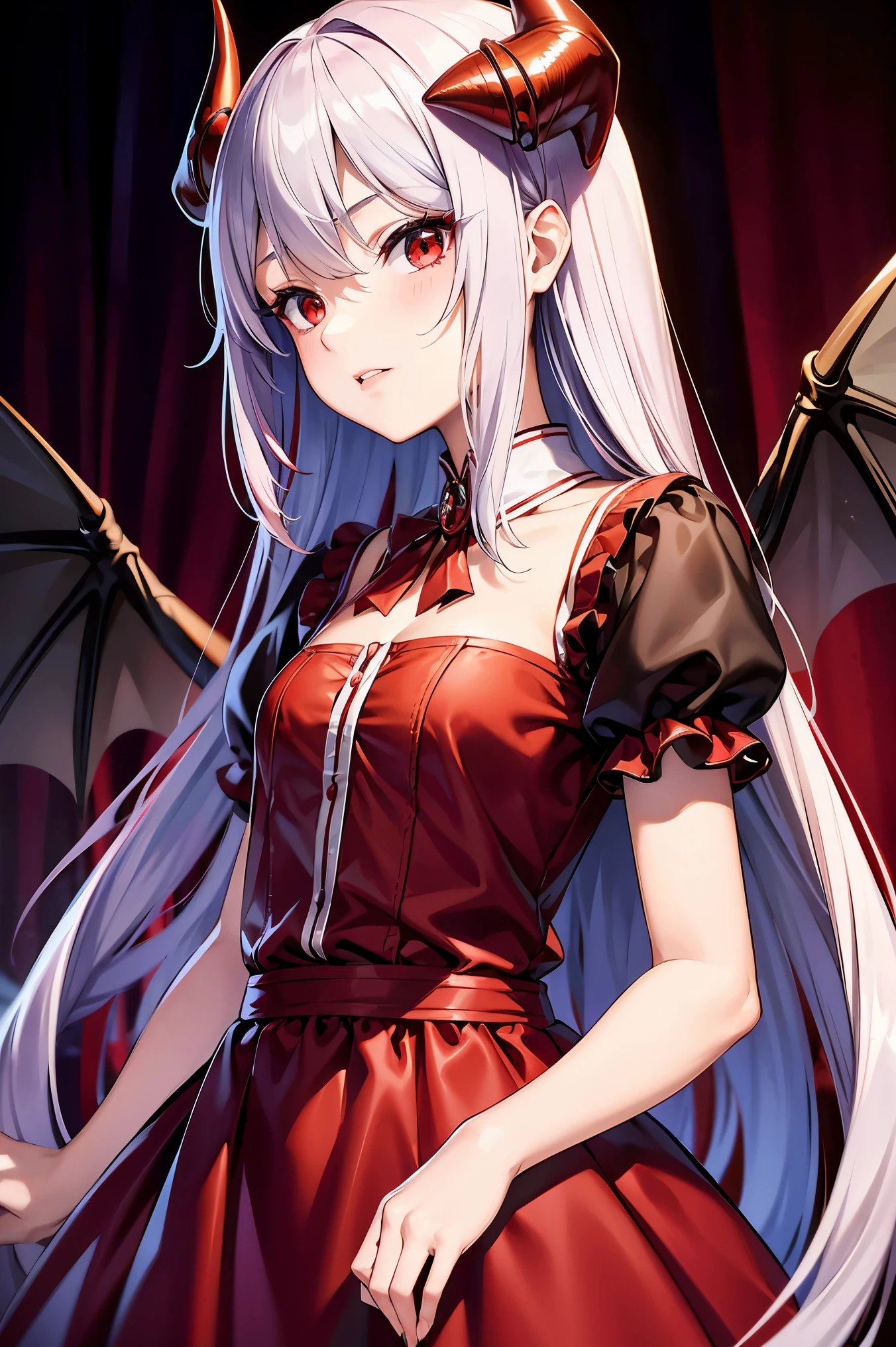 remilia scarlet, girl, red eyes, long hair, demon horns, short sleeve dress, young body, blood on body, high quality, 8k, best quality, 4k, ultra-detailed, realistic, photorealistic, vivid colors, sharp focus, professional, masterpiece, extremely detailed eyes and face, beautiful detailed eyes, beautiful detailed lips, long eyelashes, concept art