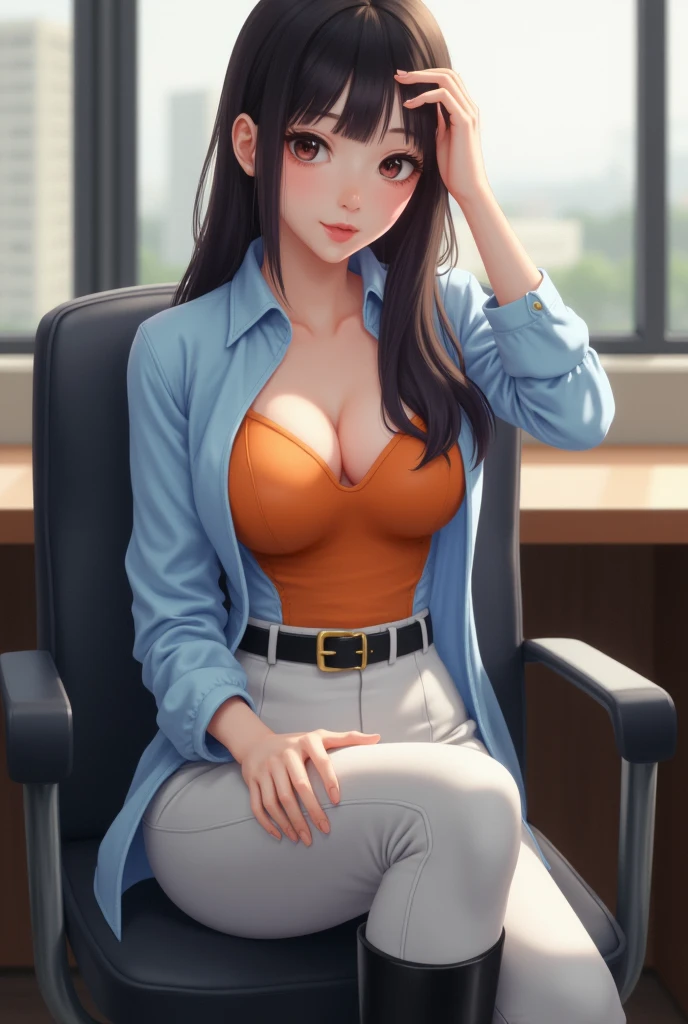 One person, sofiatakigawa_united states of america, chest, eyelash, View your viewers, Cowboy Shot, Sitting,
Dynamite ignition, Attractive body, Wear office clothes, White blouse, Pink Tank Top, belt, Black trousers, Red High Heels.
(Urzan-6500:0.0), (Ultimate Quality, masterpiece, High resolution:1.0), (photoRealistic, Realistic:1.9), Nice hands,