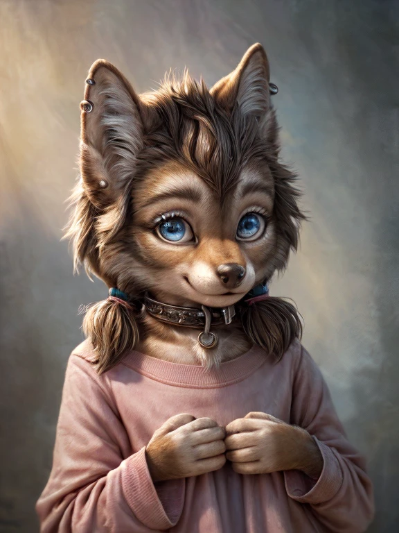 Masterpiece, best quality, realistic, textured fur, furred body, brown fur, wolf cub girl, blue eyes, smile, eyelashes, piercing, small hands, hands behind back, earrings, wolf ears, short twintails, pink shirt, long shirt, collar, holding, beautiful cute face, portrait, footpaws, 