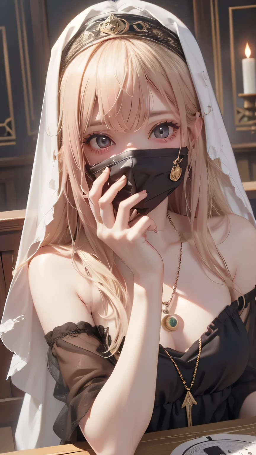 ((masterpiece, best quality, Highest image quality, high resolution, Reality, RAW photos, 8k)), tarot, Tolkien, Middle-earth, ((tarot摆放在桌子上:1.5)), (Fortune teller with veil covering his face:1.5), 8k, Very detailed, Surrealism, Movie Lighting, Ambient lighting, Bridget, Ace Fortune Teller, long, Messy Blonde Hair, earring, Necklace, necklace, Jewelry, ring, Dark lipstick, Dark Makeup, ring, Sit in the back! one table, one! Fortune telling ball on the table, one! skull on table, Candle, In a dark medieval room,