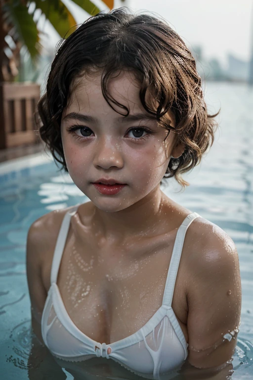 Shirley Temple at age six 。Girl in a wet and slimy white swimsuit。Lips slightly open, Strong emotions flashed in his eyes, Shot from the human eye&#39;s perspective, realism, 