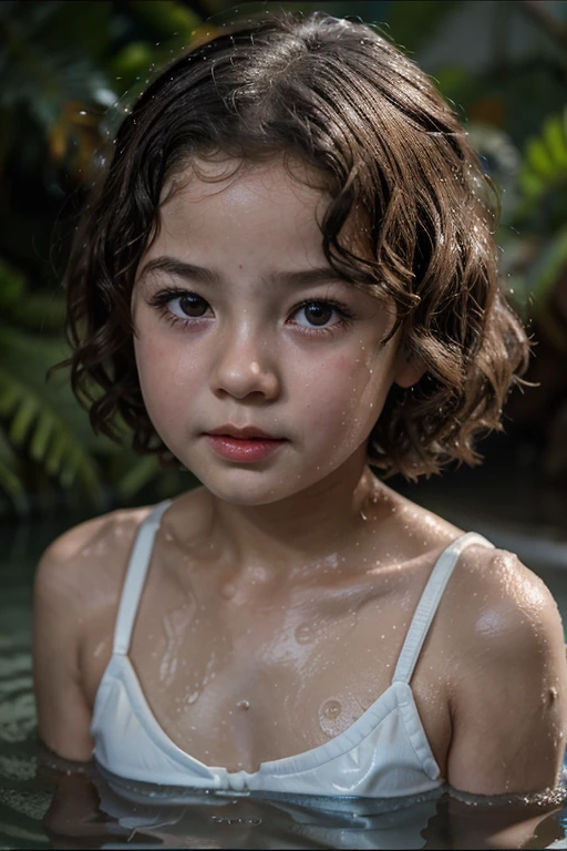 Shirley Temple at age six 。Girl in a wet and slimy white swimsuit。Lips slightly open, Strong emotions flashed in his eyes, Shot from the human eye&#39;s perspective, realism, 