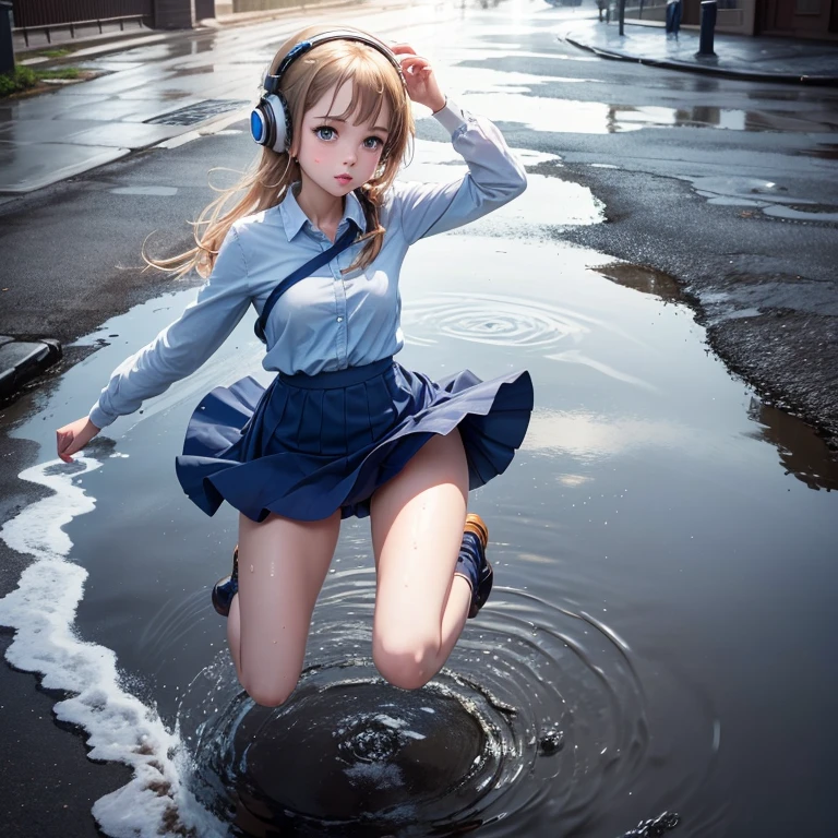 A cute girl full body, Blue-eyed, with headphones, with short skirt, jumping in a puddle of water while it&#39;s raining 